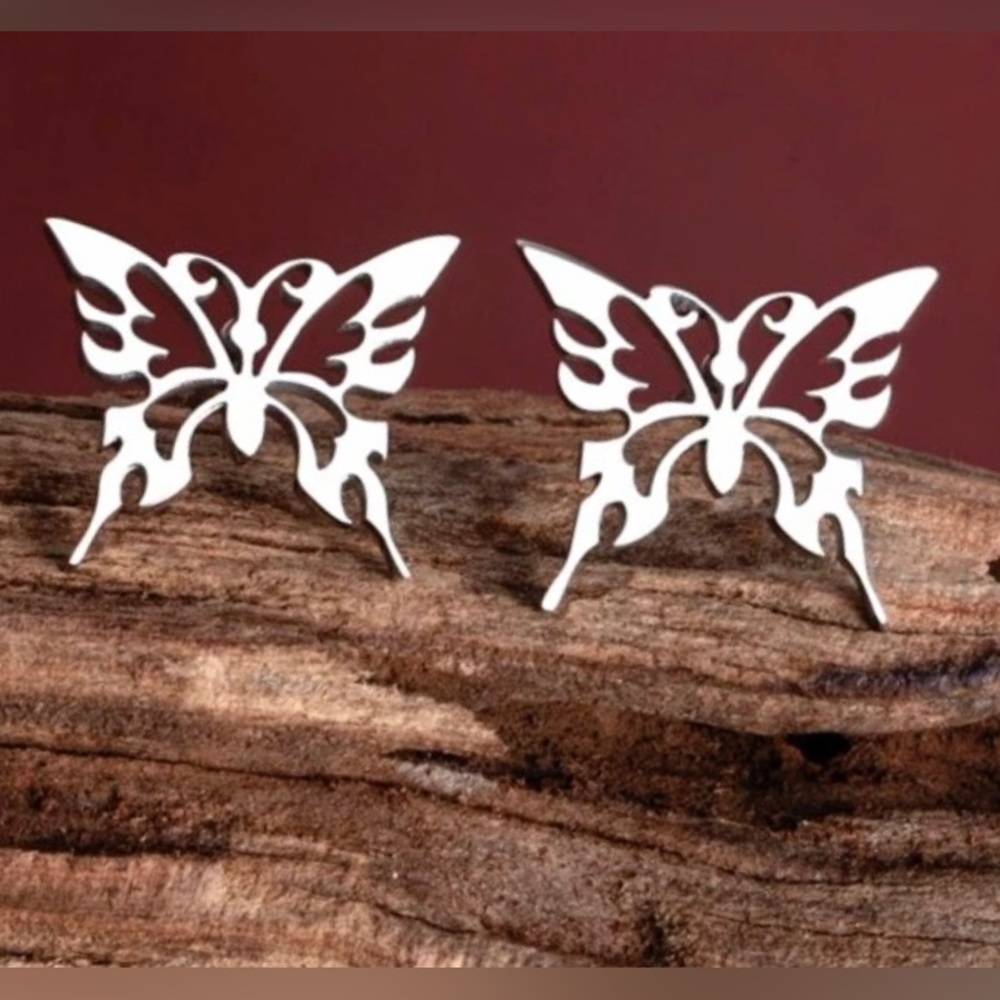 “Tribal Butterfly” Silver Stainless Steel Lasercut Cut-out Hollow Dainty Earring - Picture 2 of 6